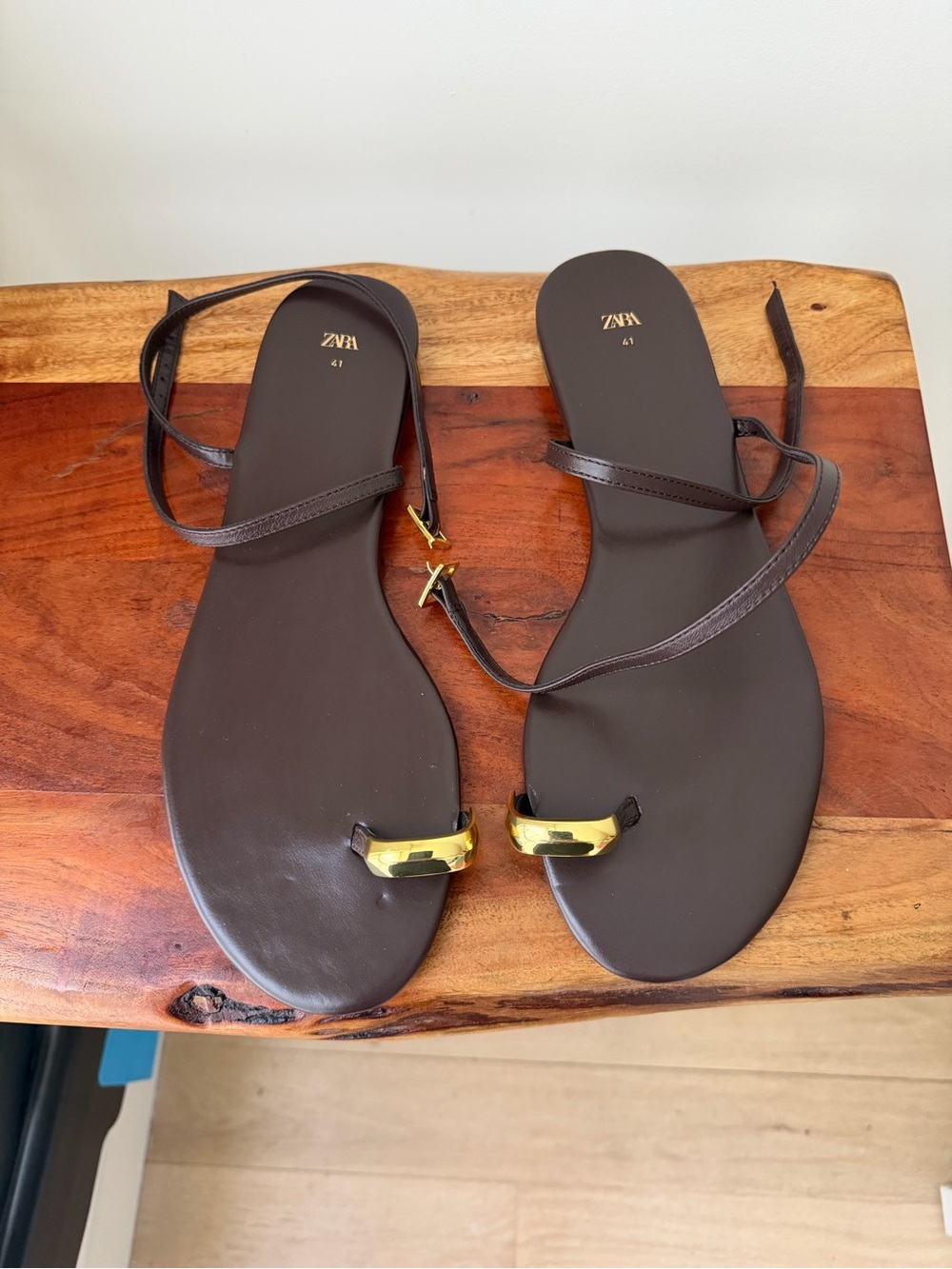 Zara Metallic Detail Leather Sandals – Brown | Size 10 (41) - Picture 6 of 10